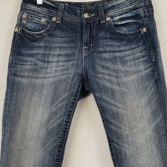 Miss Me Womens Easy Cropped Jeans Blue Stretch Embroidered Medium Wash Denim 28 - Picture 8 of 12